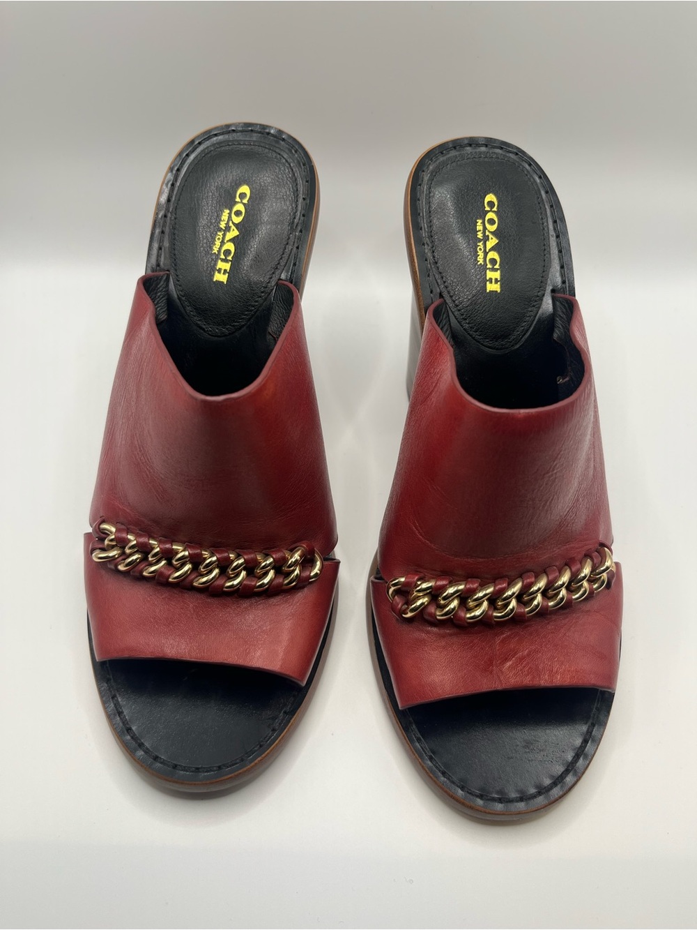 COACH Burgundy Leather Slide Sandals with Gold Chain